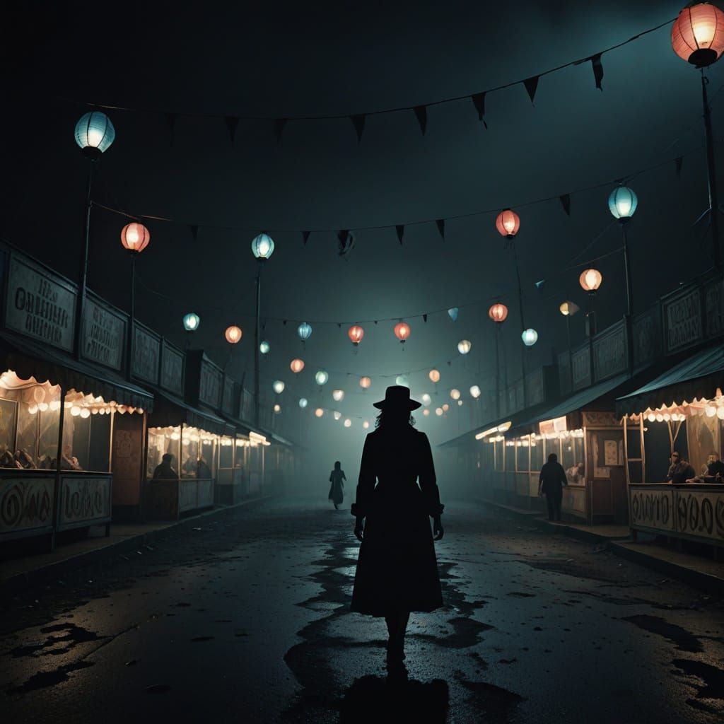 Eerie Woman in Deserted Carnival: A Film Noir Scene