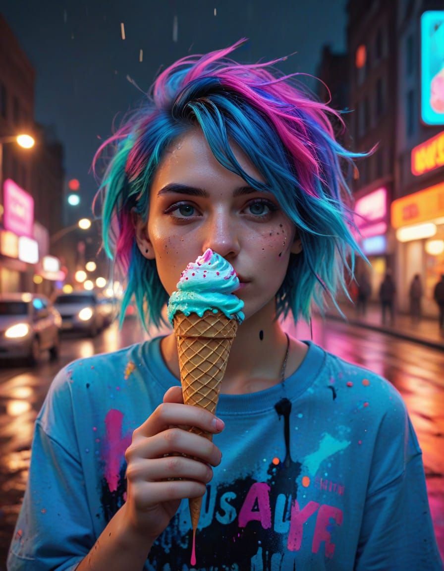 Emo Teenager's Colorful Ice Cream Cone in Pastel City