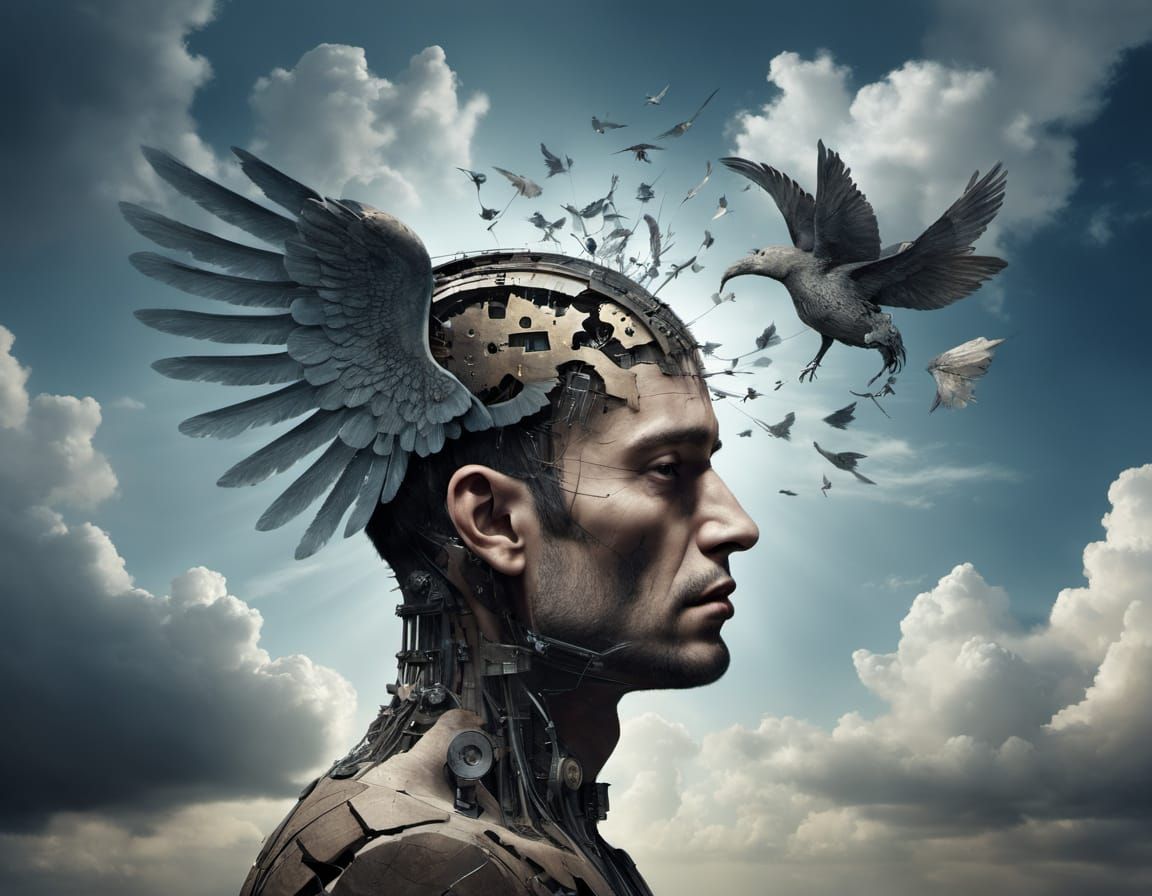 Surreal Portrait: Mechanical Wings and Cracked Sky