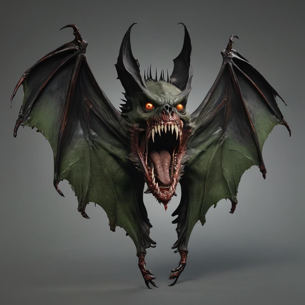 Hyperrealistic 3d render of a creature with torn, black wing...