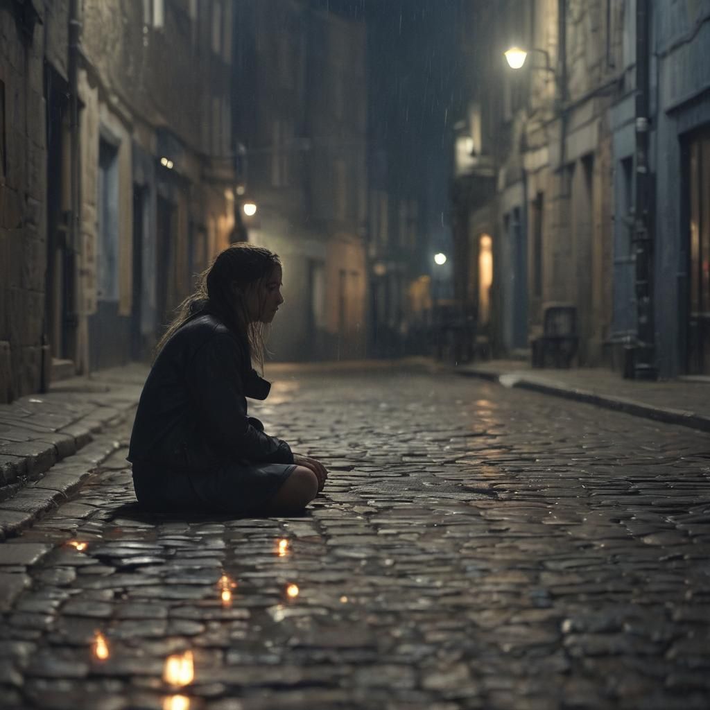 A Lonely Girl's Melancholic Moment in a Rainy Alleyway