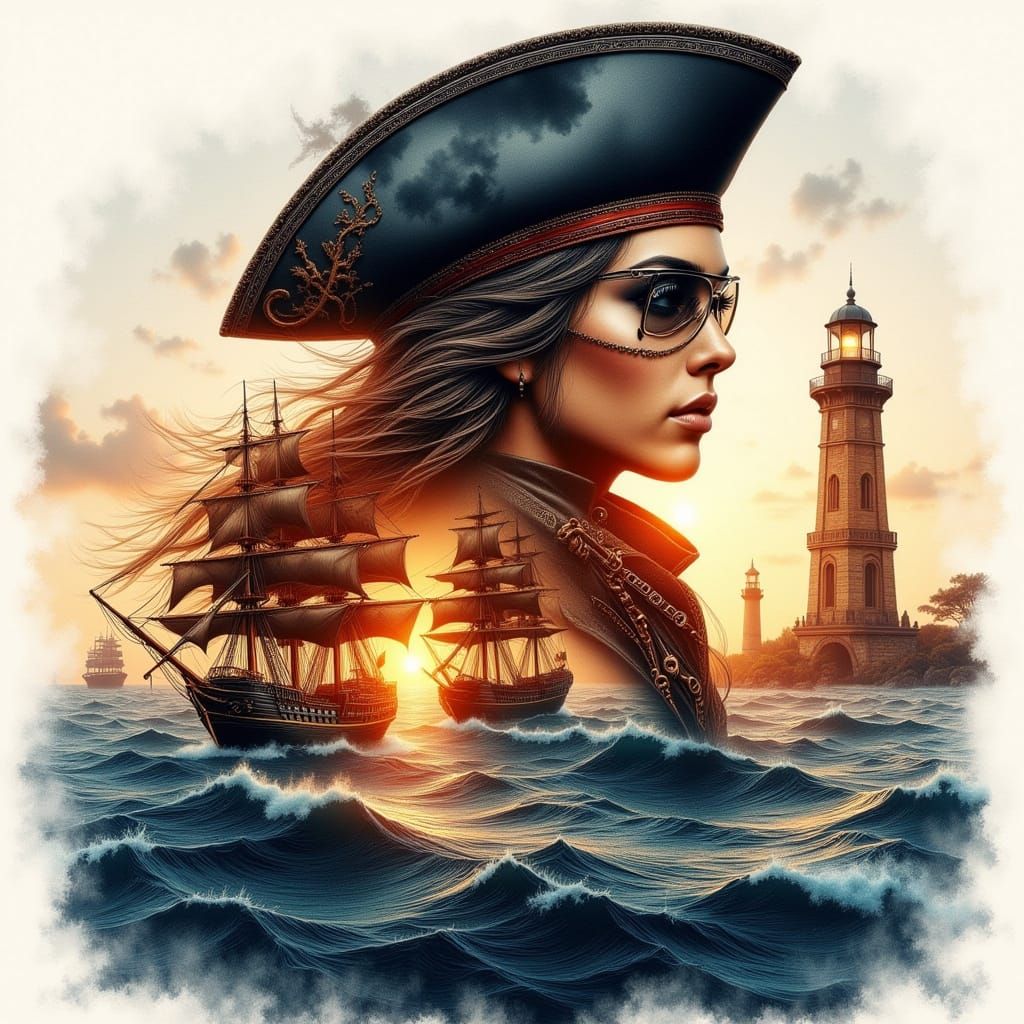 Steampunk Double Exposure: Pirate and Sailing Ship