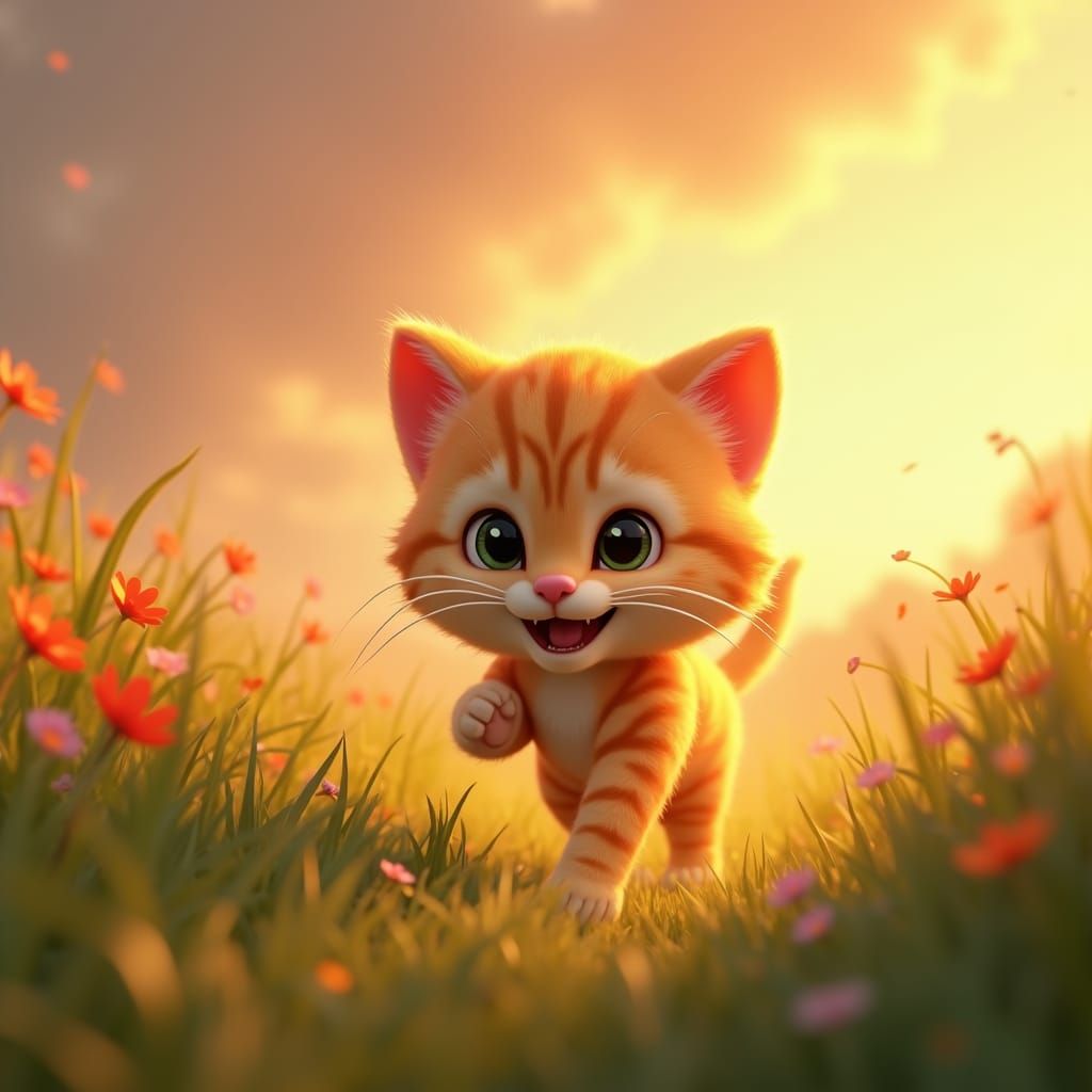 Animated 3D Cat Running at Sunset