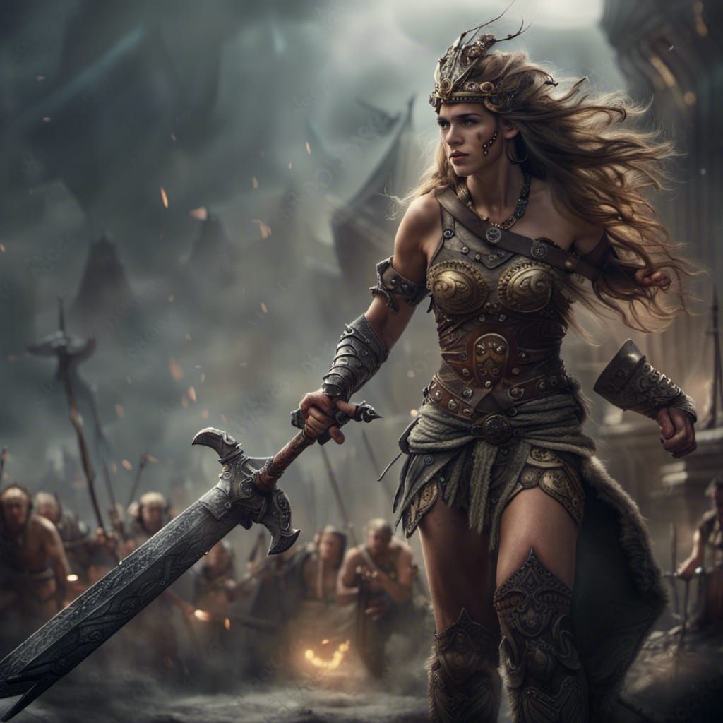 Epic Barbarian Queen in Battle: Digital Matte Painting