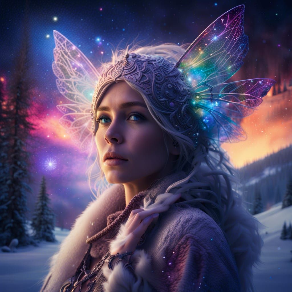 Fairy Woman in Snowy Woods with Galaxy Sunset
