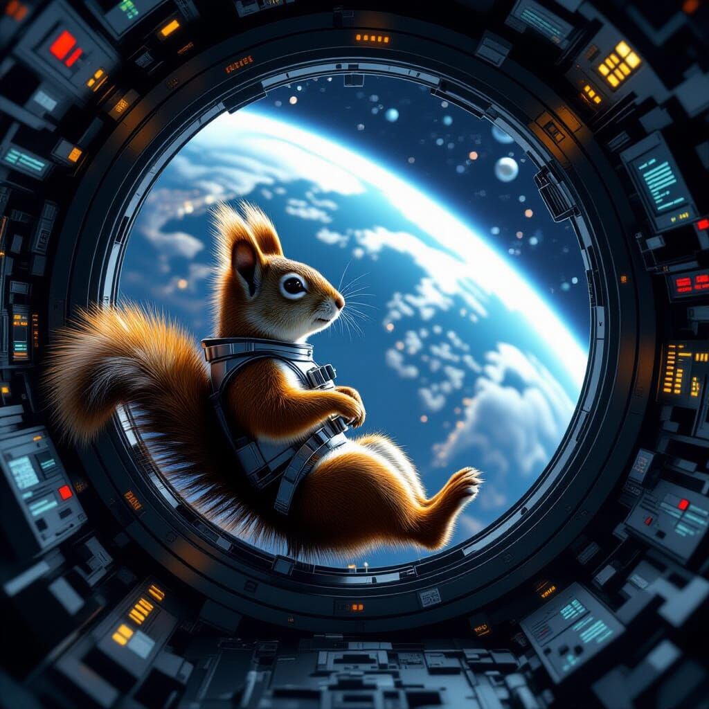 Squirrel Astronaut Gazing at Earth from Spaceship
