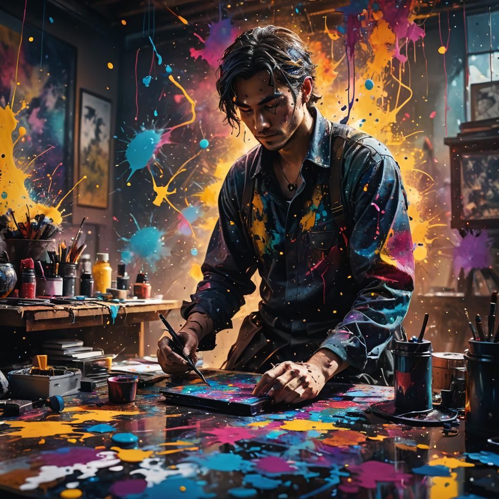 Ink Splatter Artist in Mystical Studio