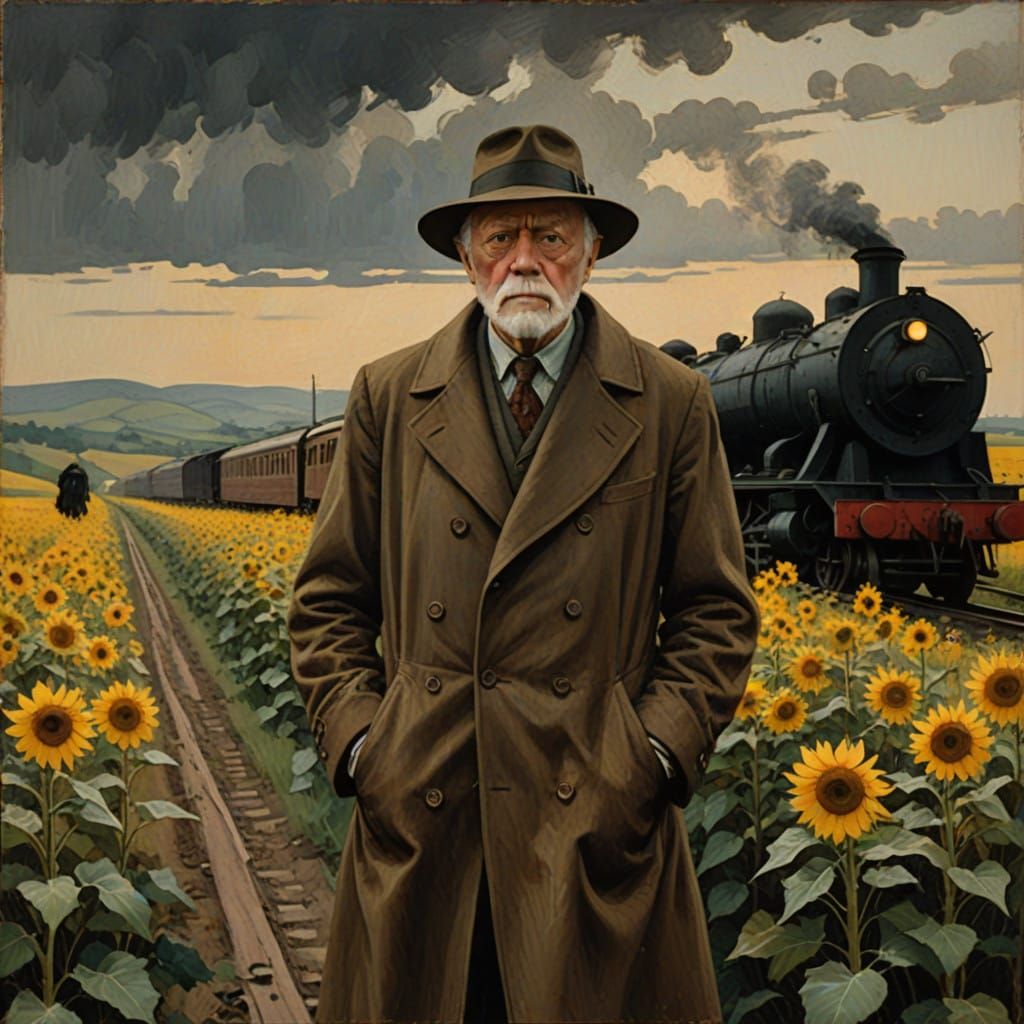 Elderly Gentleman Beside a Rustic Train in Ukrainian Country...