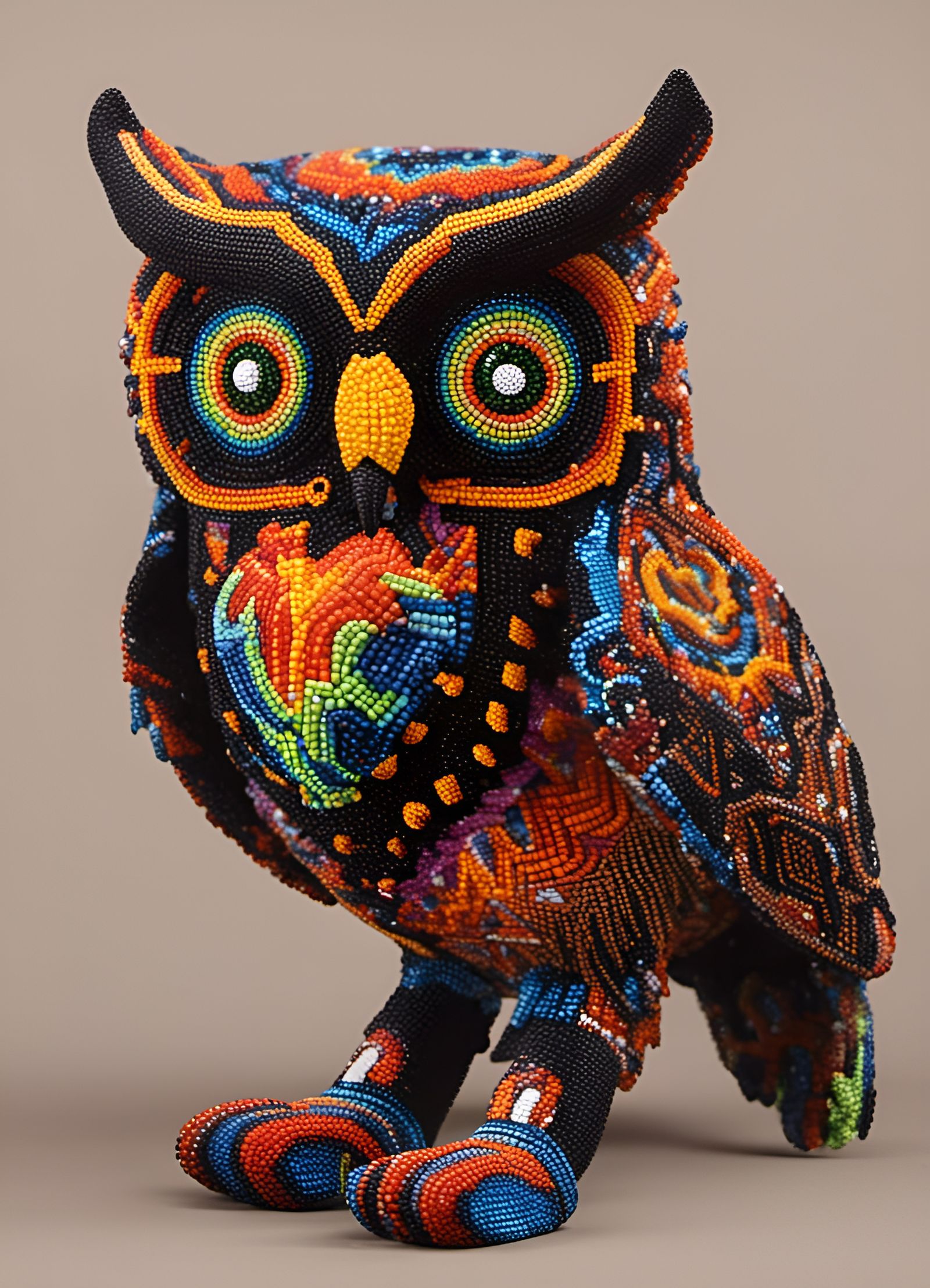 Detailed Huichol Beaded Owl in Vivid Colors