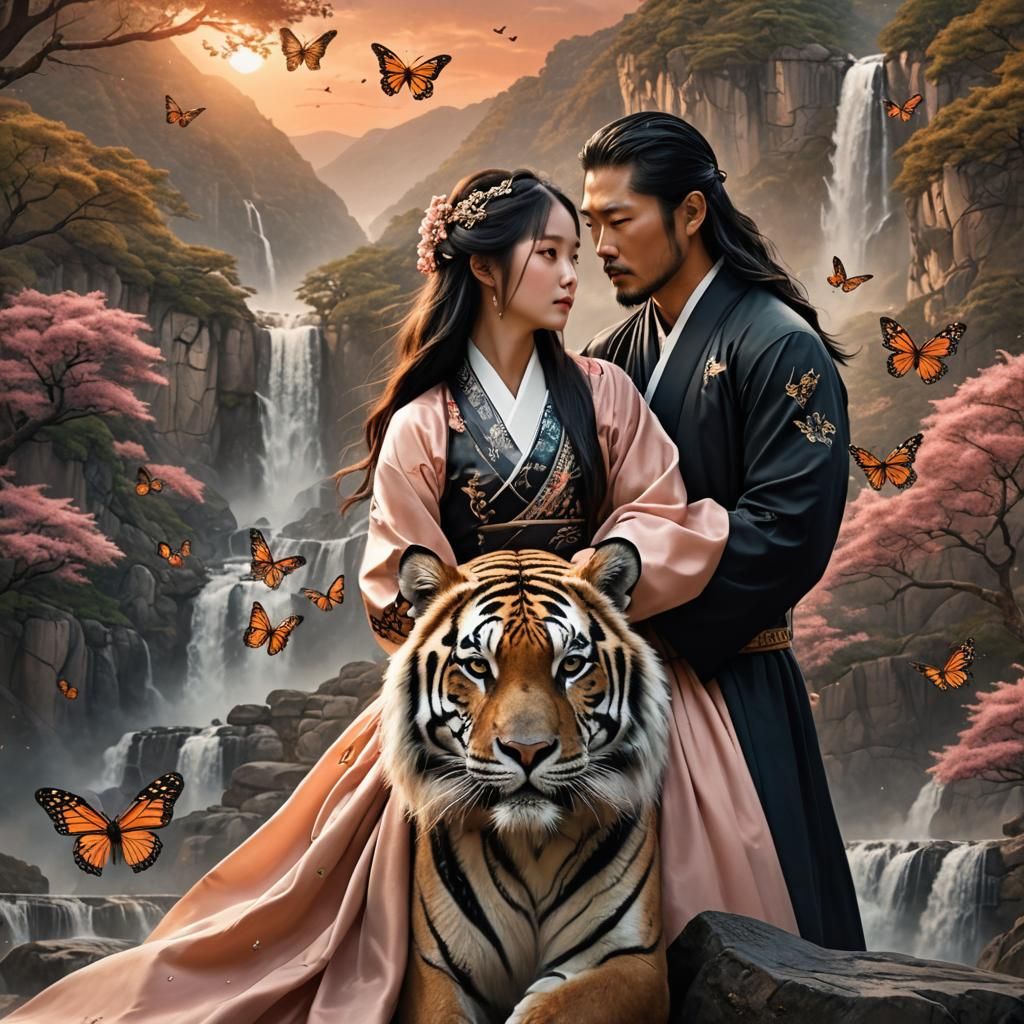 Korean Drama Couple Embrace at Sunset with Waterfall