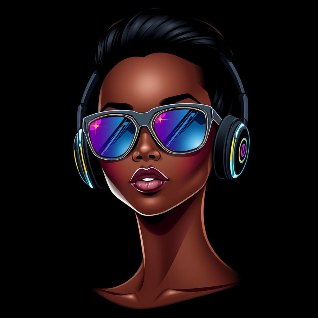 Black Woman with Afro, Headphones and Sunglasses