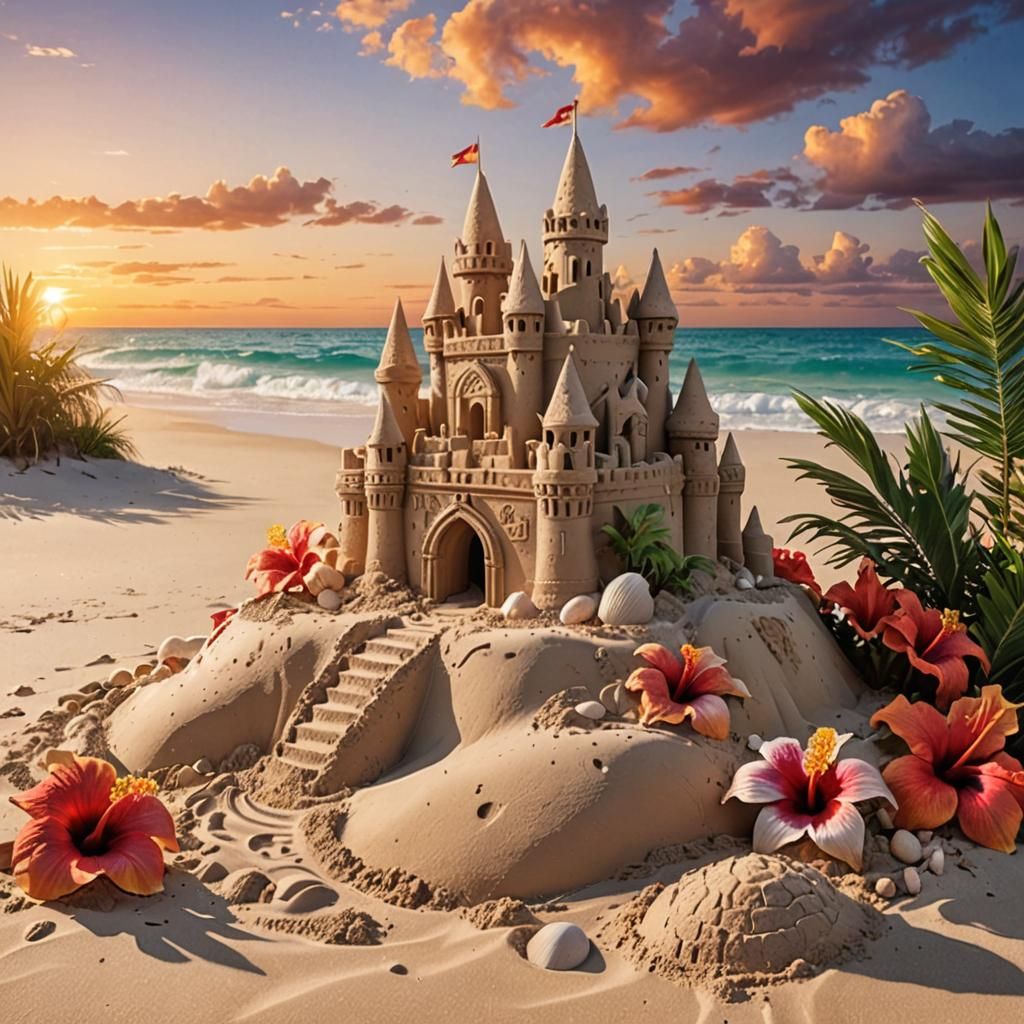 Hyperrealistic Sandcastle at Sunset on Tropical Beach