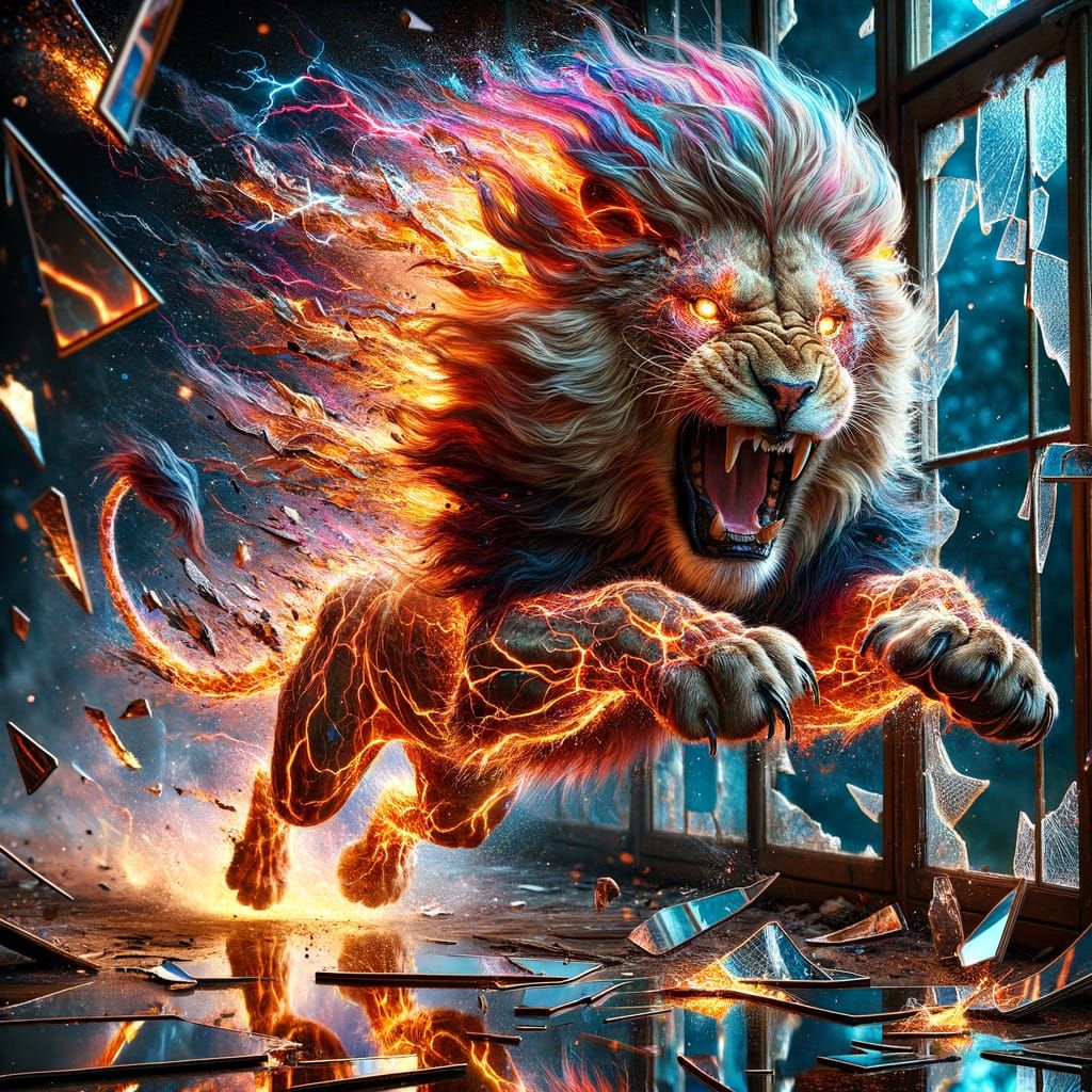 Surreal Lion Leaps Through Shattered Patio in Electrifying C...