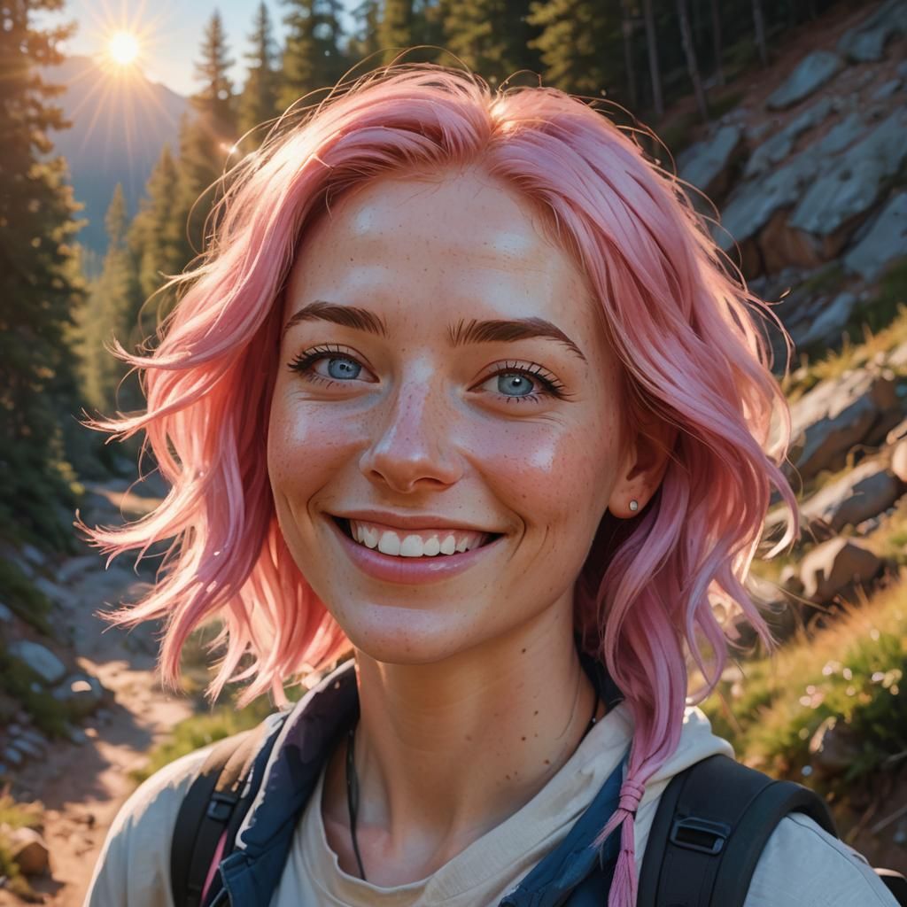 Cute Pink-Haired Girl Hiking: Digital Oil Painting