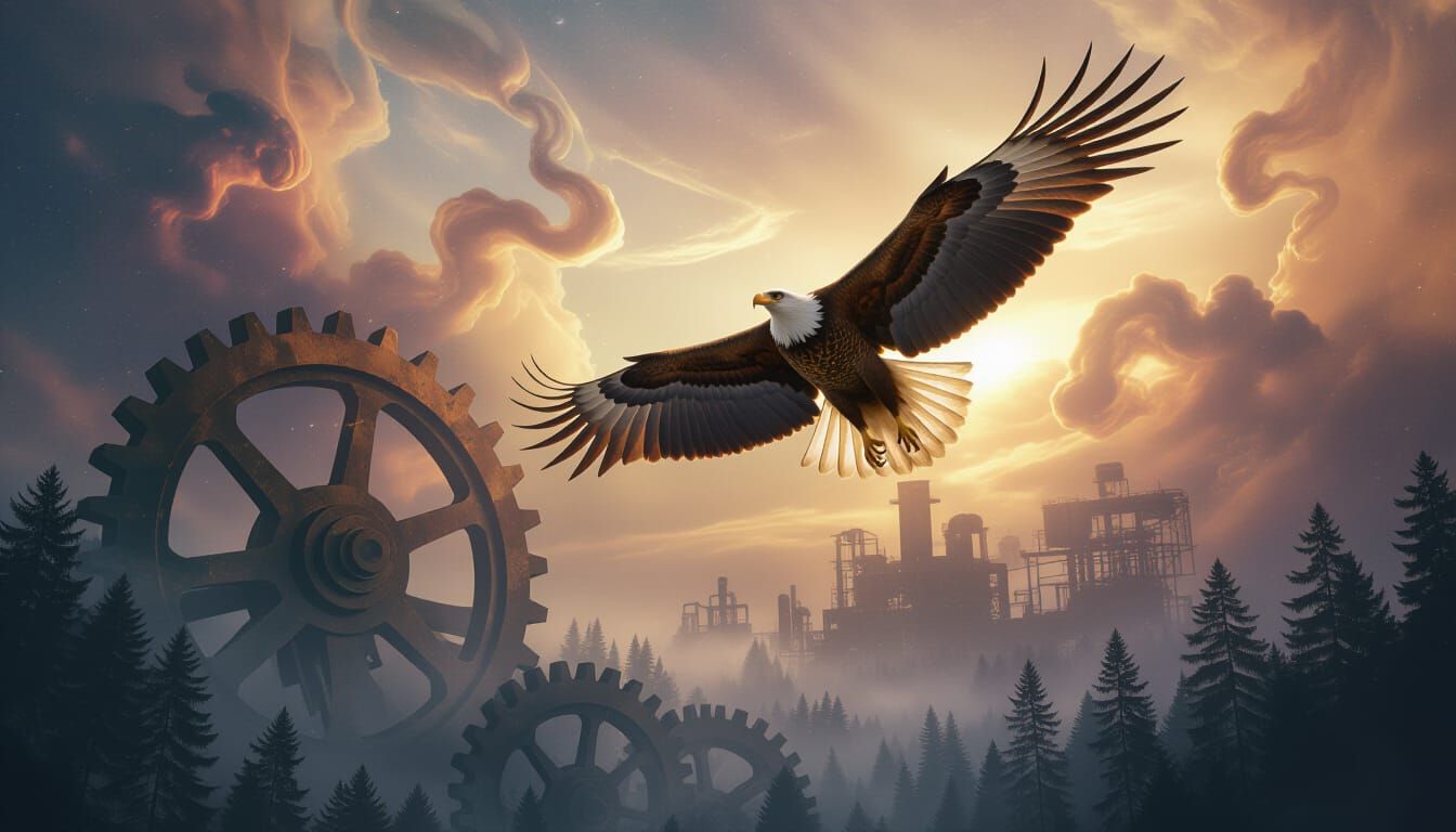 Majestic Eagle Soars Through Cosmic Sky Above Ancient Gear F...