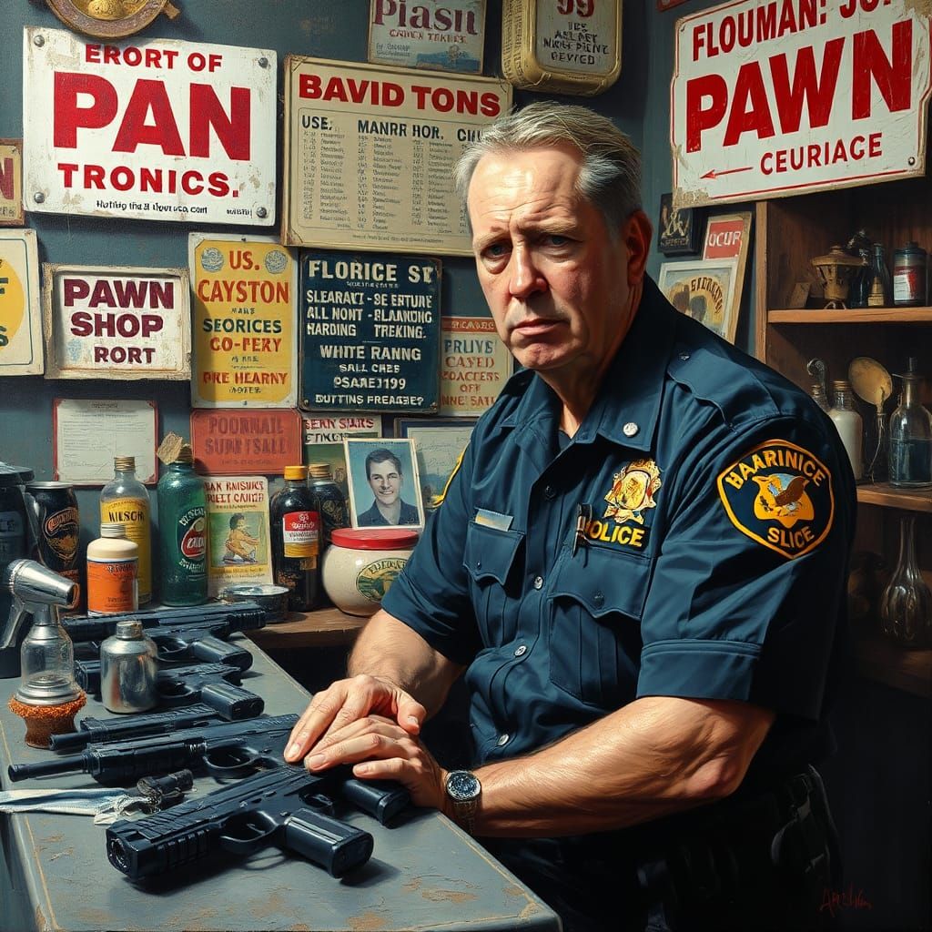 Florida Cop Pawning Guns: Oil Painting