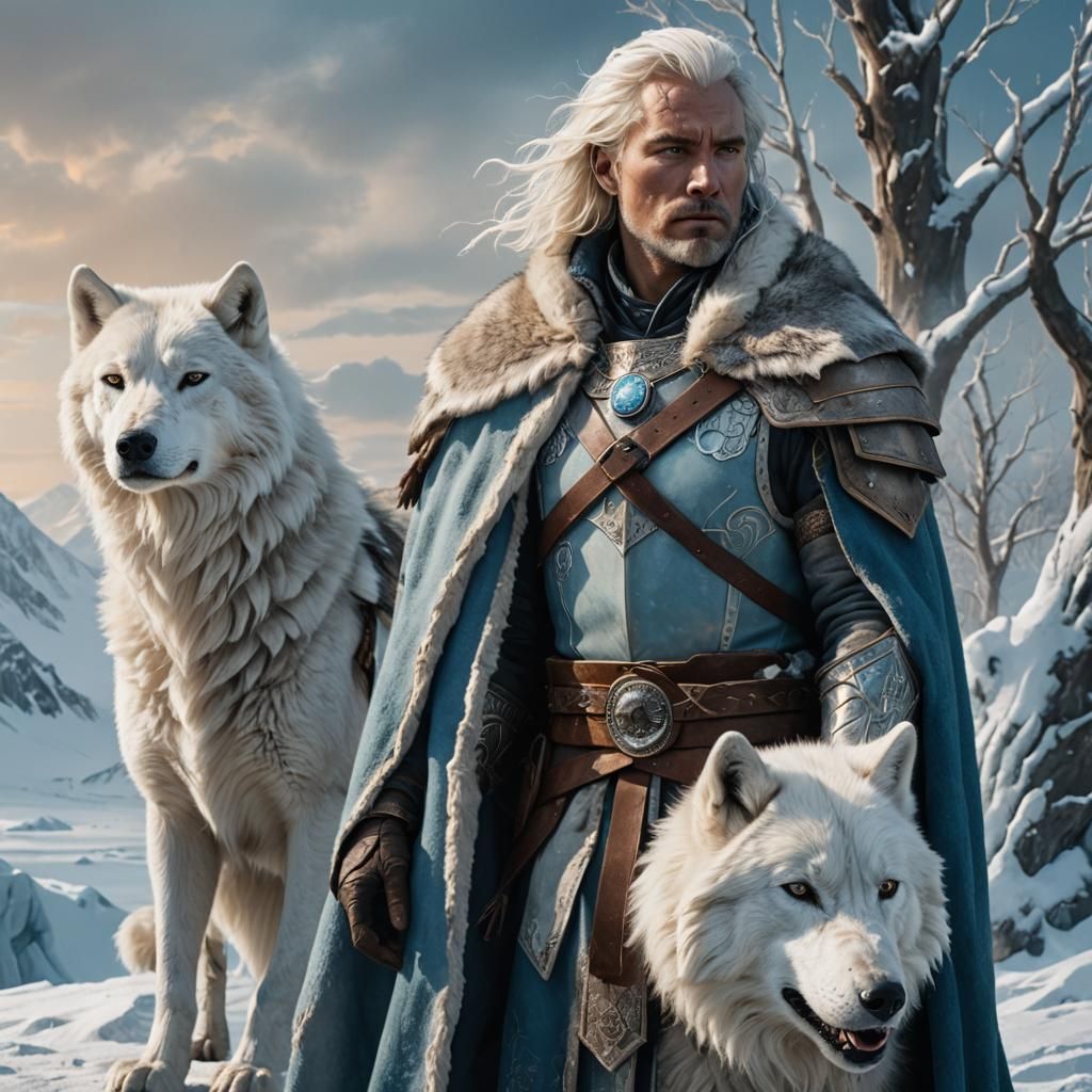 Arctic Warrior and Wolf Companion in Frozen Landscape
