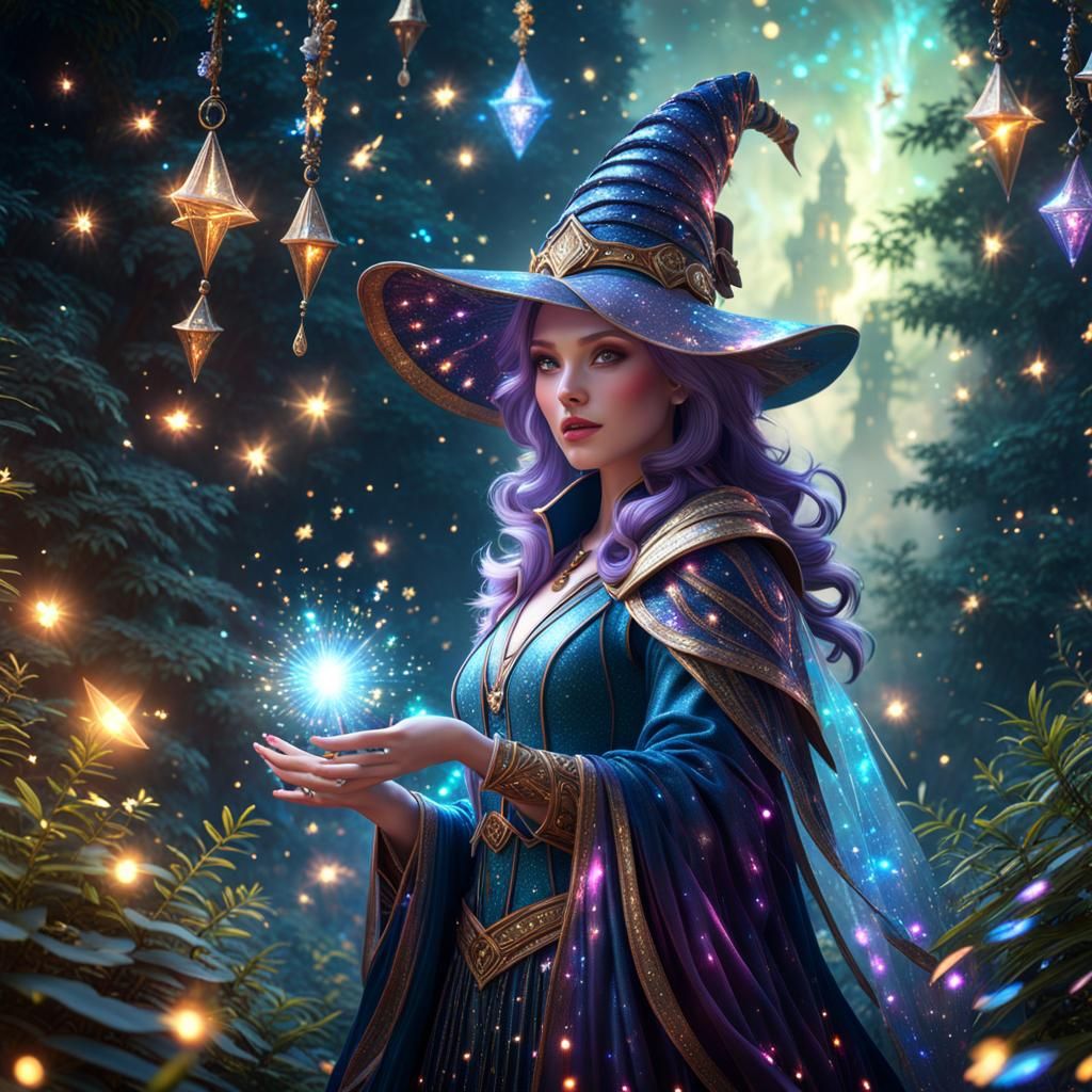 Adorable Sorceress Amidst Glittering Stars in Hyperreal Styl...