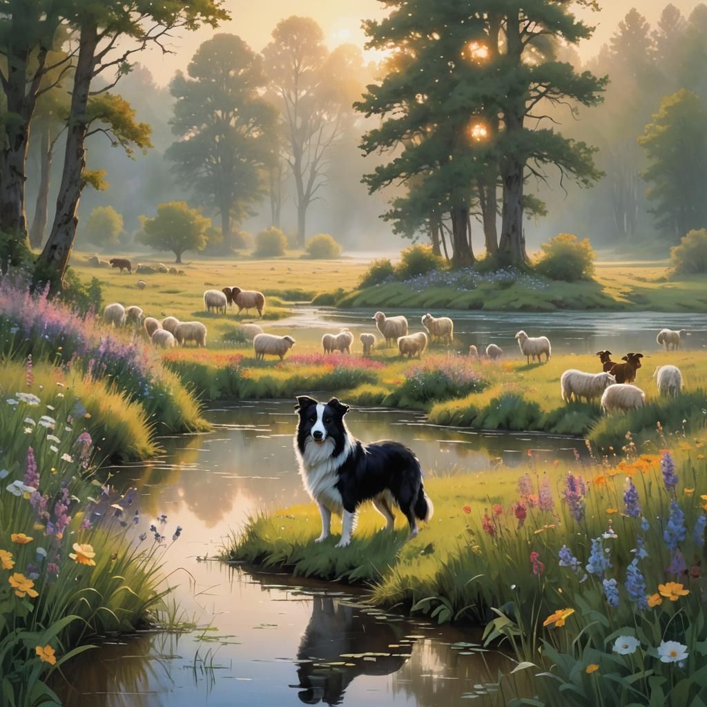 Border Collie Herding Sheep at Misty Dawn