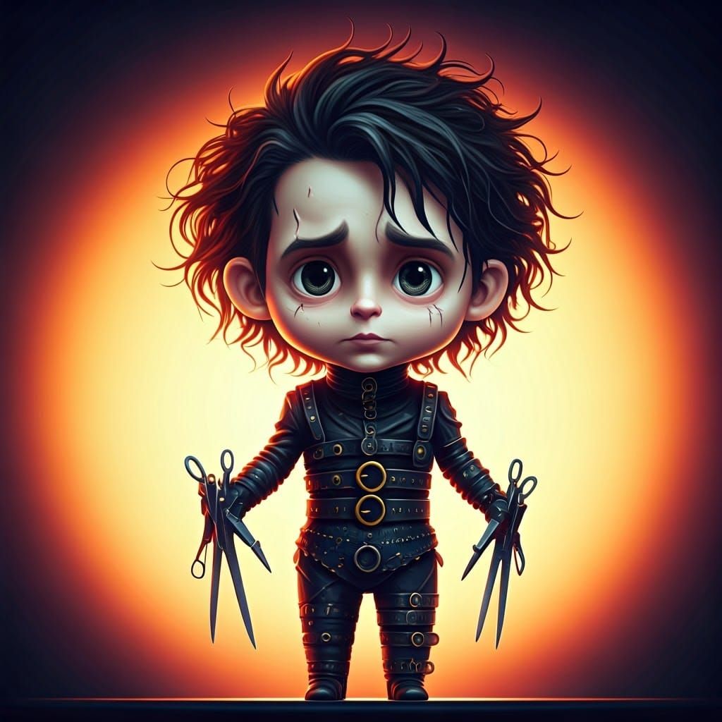 Realistic Chibi Edward Scissorhands in 3D Animation Style