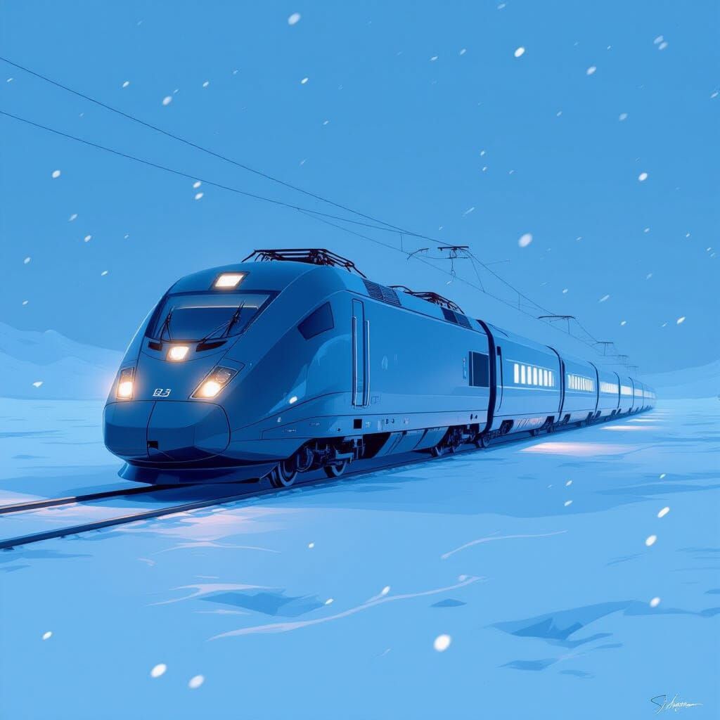Modern Bullet Train on Frozen Tundra in Futuristic Concept A...