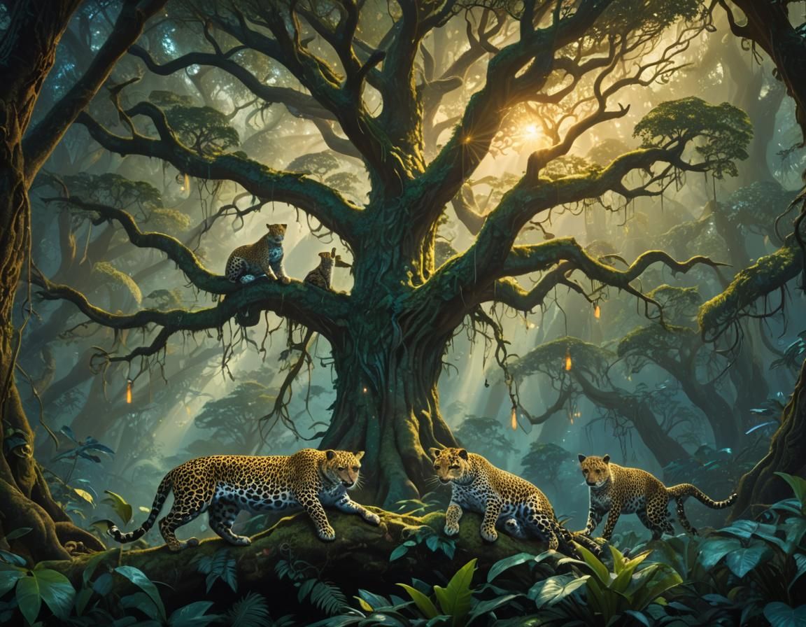 Fantastical Jungle Scene in Vibrant, Intricate Style