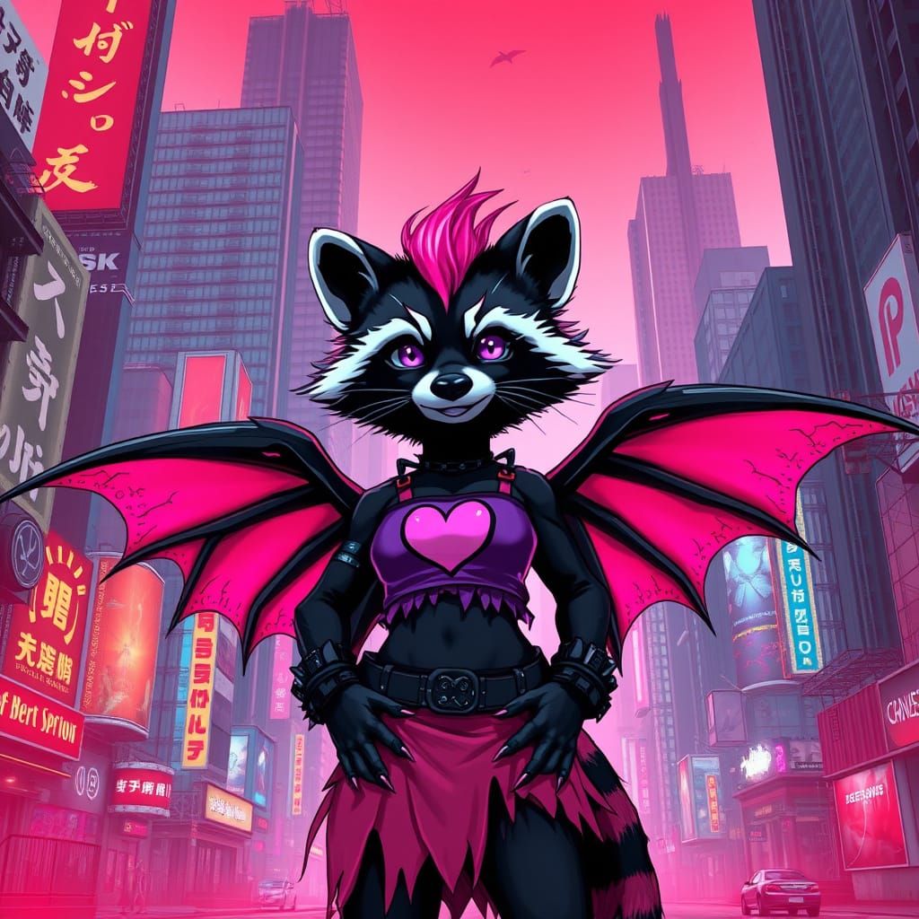 Cyberpunk Raccoon Girl in Red Cityscape, Anime Style