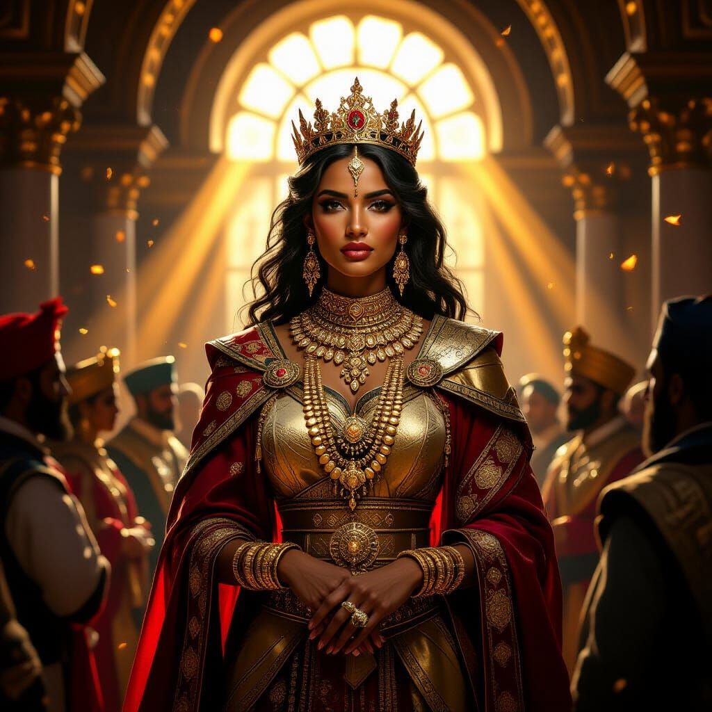 Regal Queen in Gold Jewelry and Vibrant Robes