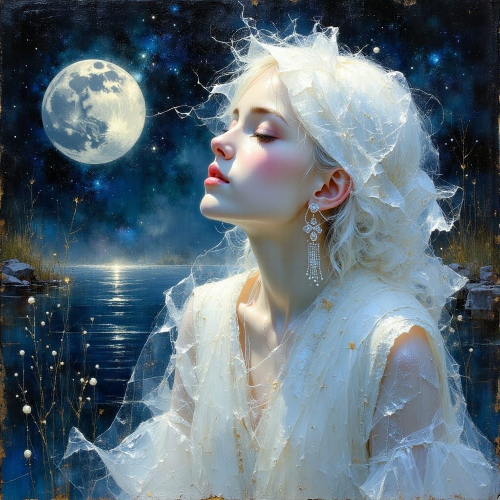 Woman Gazing at Moon in Surreal Oil Painting