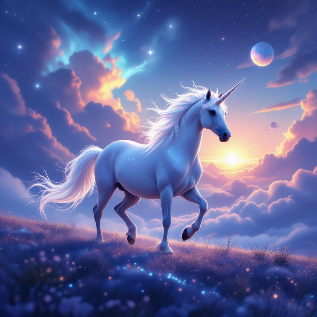 Ethereal Unicorn in Cosmic Landscape, Fantasy Art