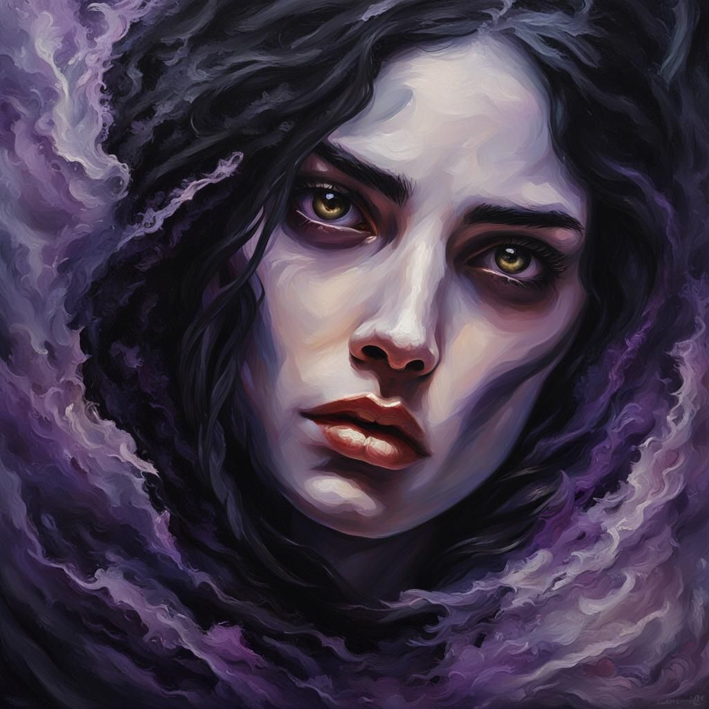 Surreal Vampire Portrait in Oil, Dark Lavender Hues