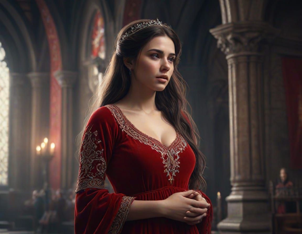 Medieval Pregnant Maiden Prays in Church, Velvet Gown and Cr...