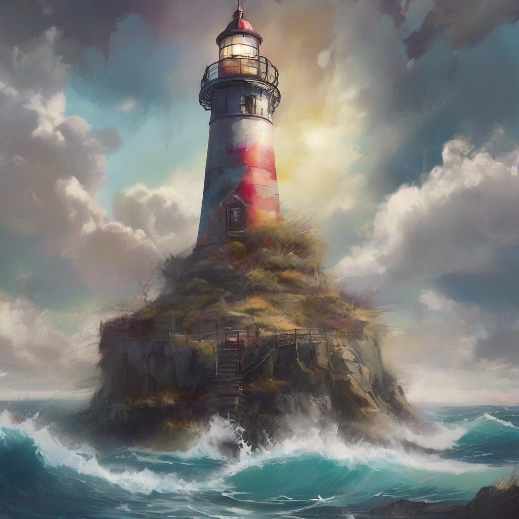 Stormy Lighthouse Beam in Dark Sky - Watercolour