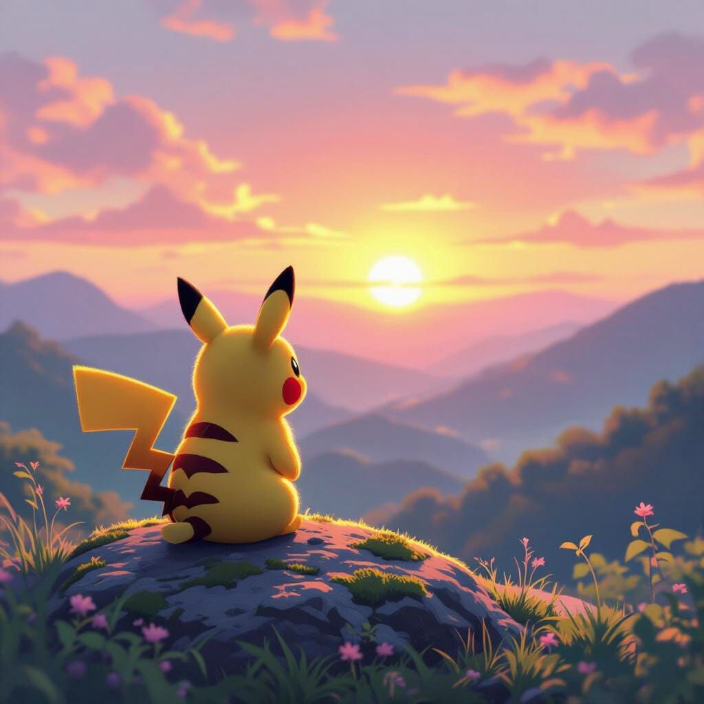 Pikachu Sits on Rock Watching Vibrant Sunrise