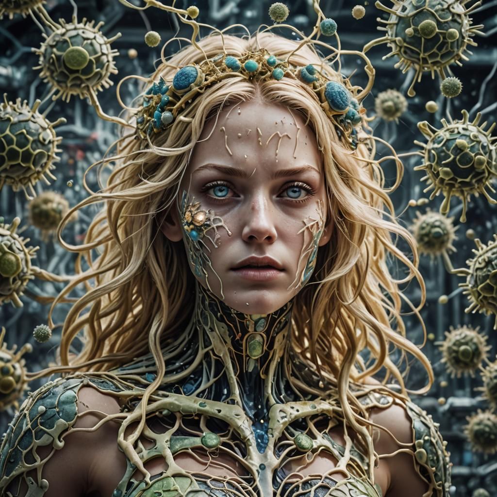 Goddess of Bacteria with Viral Backdrop in HDR