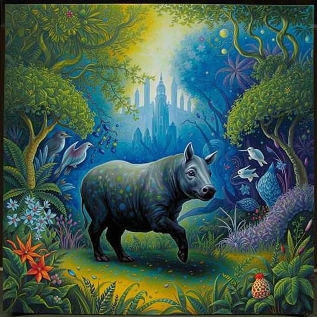 Tapir in Fantastical Tropical Flora, Mixed Media