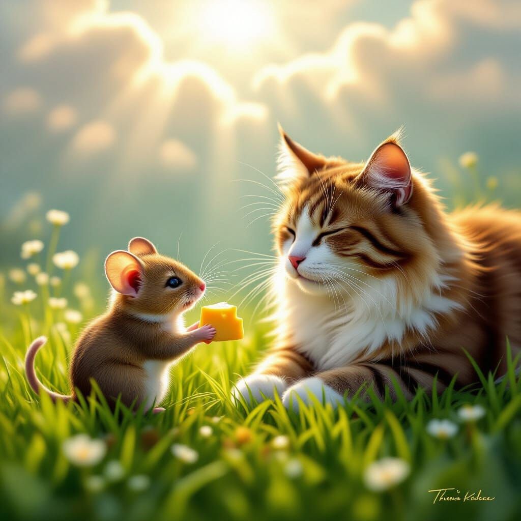 Mouse Offers Cheese to Tired Cat in Ethereal Light