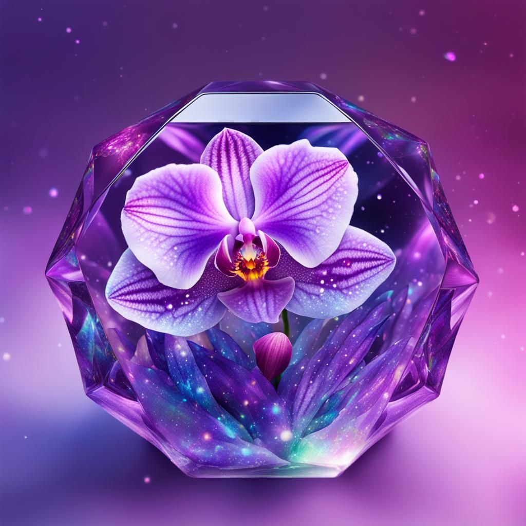 Crystallized Orchid in Glass Case, Mixed Media