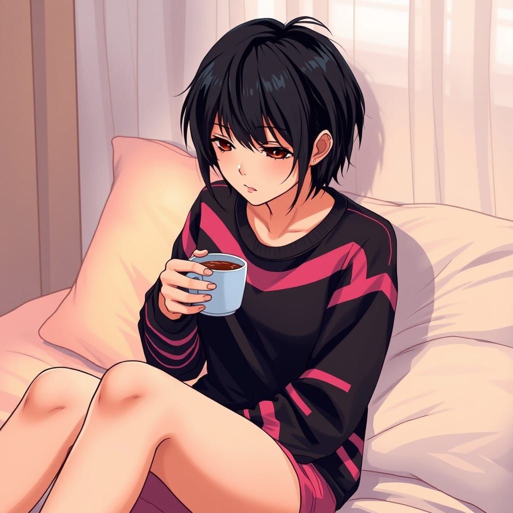 Young Woman Sits with Coffee in a Vibrant Anime Style