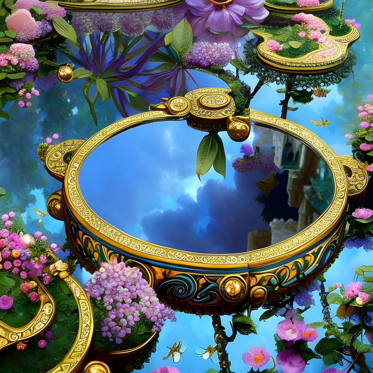 Ornate Mirror Surrounded by Turquoise Flowers in Rococo Styl...