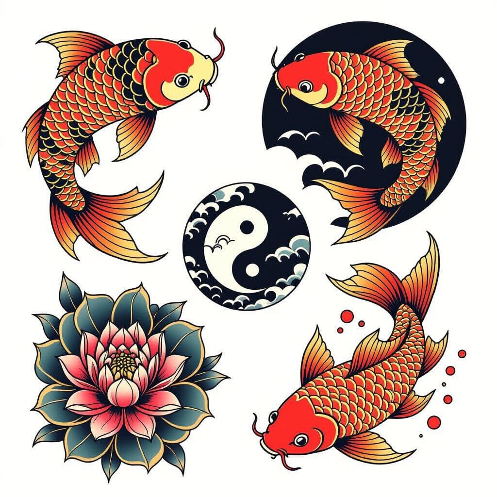 Koi Fish Flash Tattoo Sheet in Traditional Style