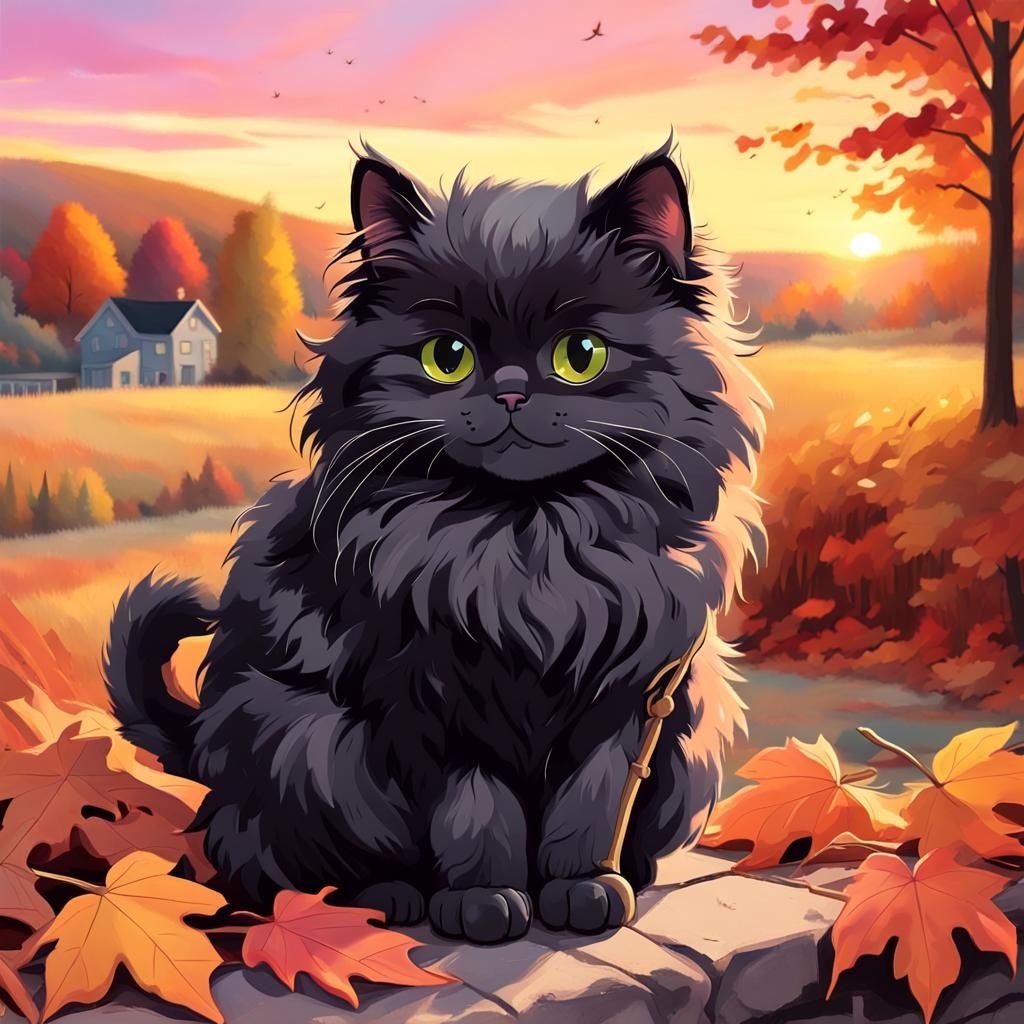 Fluffy Black Cat at Sunset