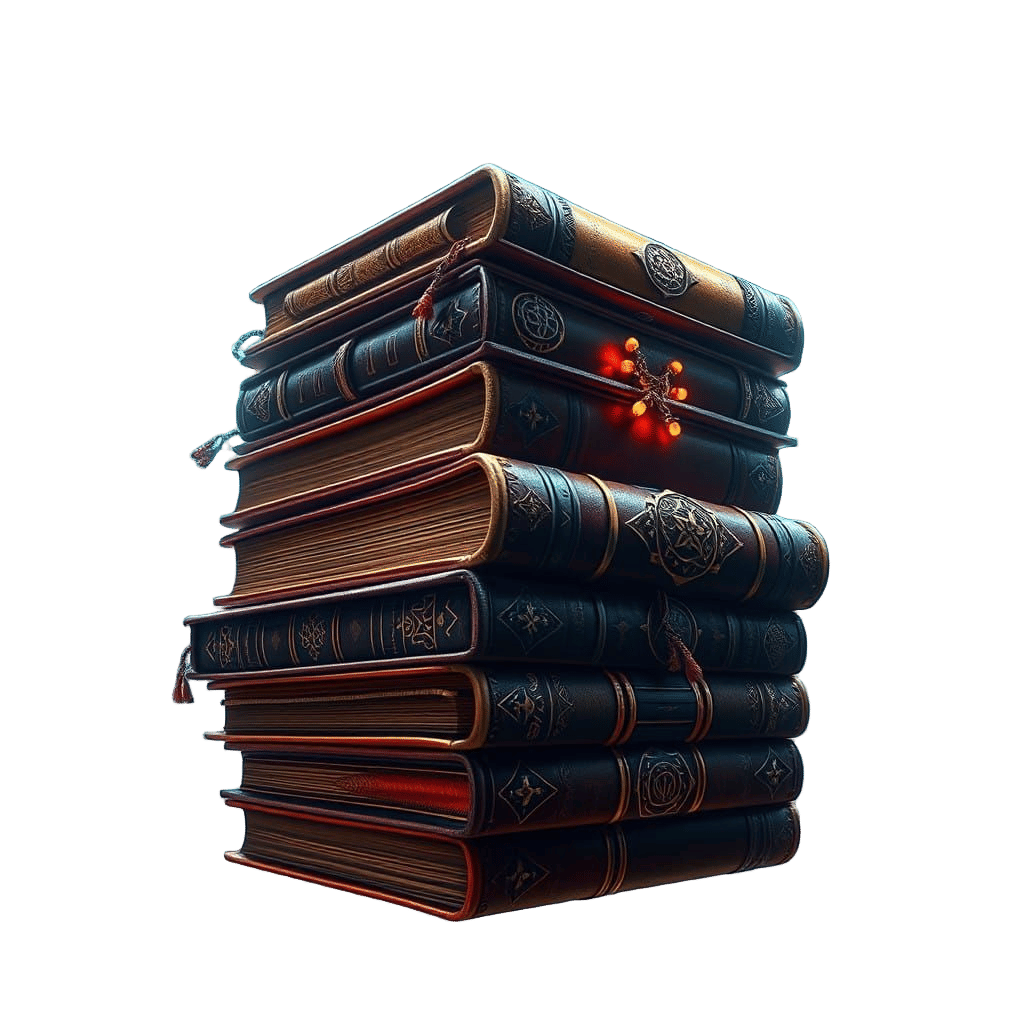 Ethereal Stack of Leather-Bound Tomes in Neon-Lit Zero Gravi...