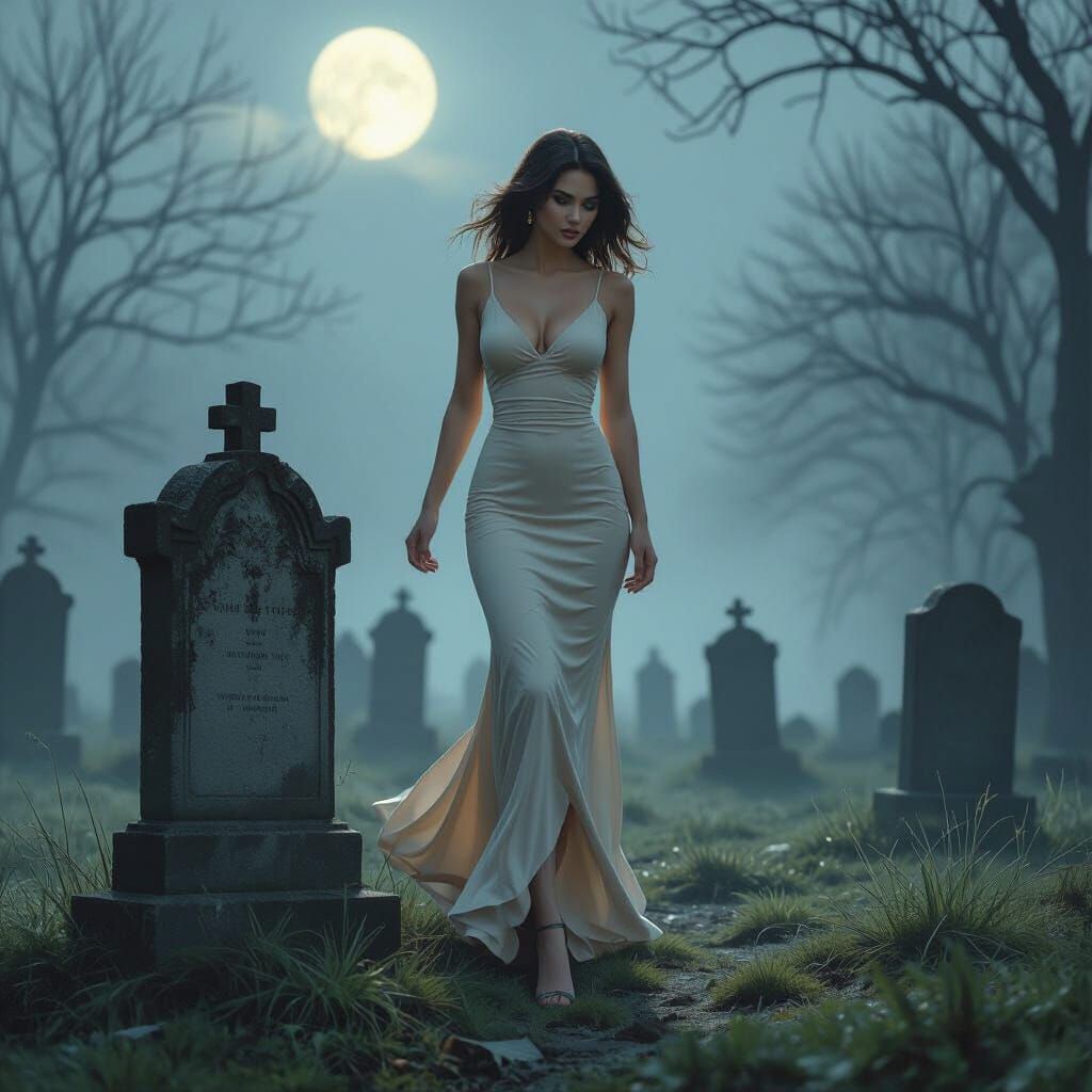 Eerie Cemetery Scene: Woman in Lycra Dress