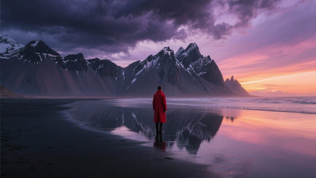 Photorealistic Figure on Reflective Beach with Mountain Back...