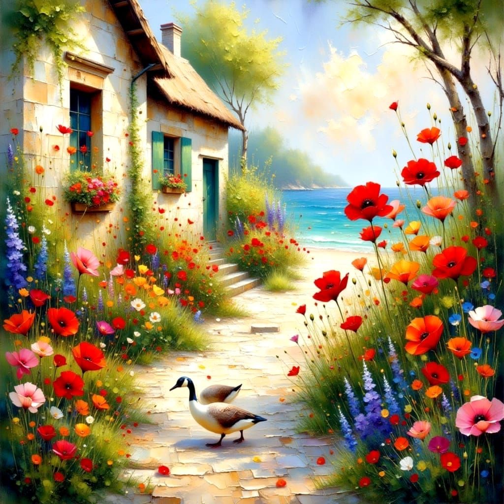 Vibrant Poppies Swaying in the Breeze Along a Cobblestone Be...