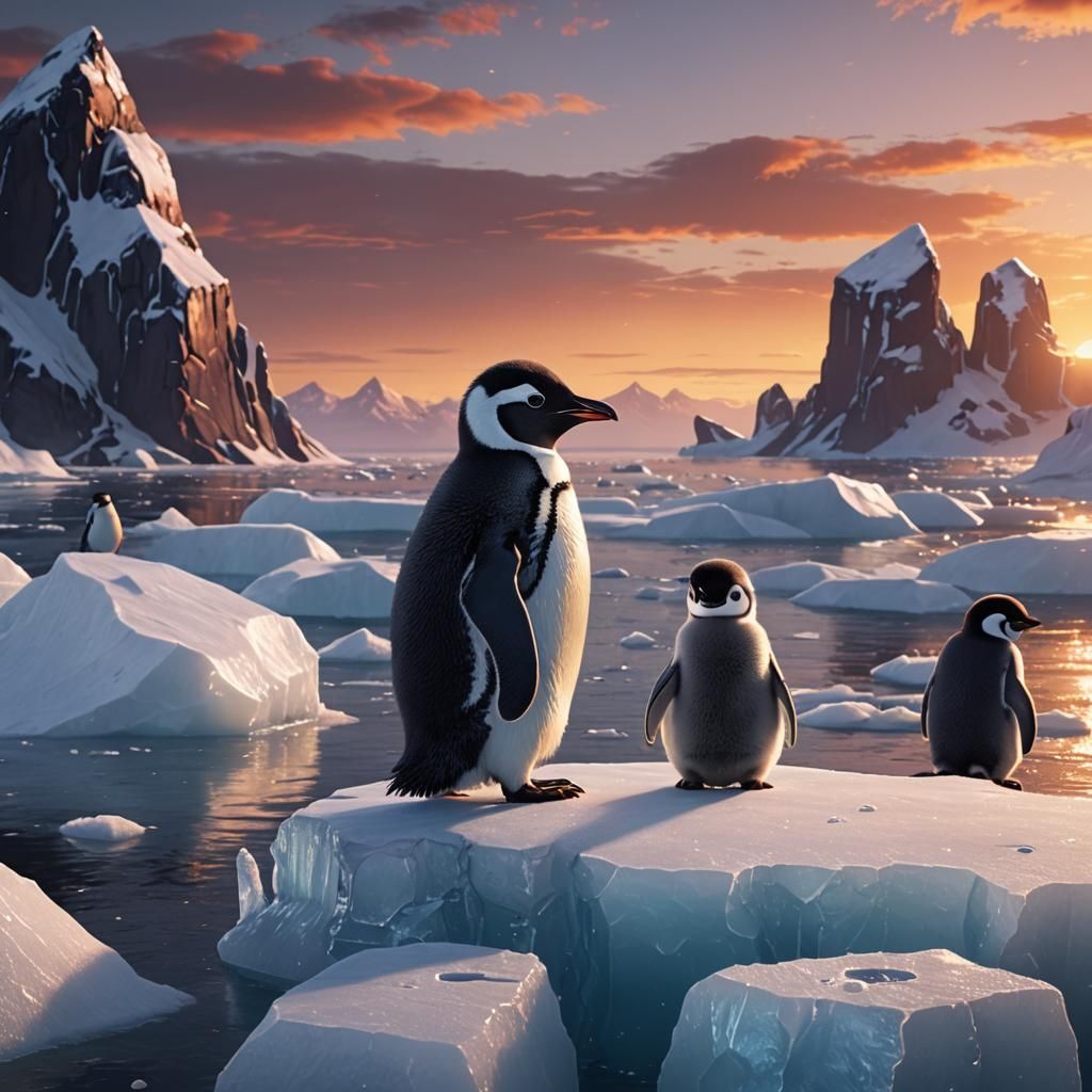 Baby Penguin Observes Sunset: Detailed Matte Painting