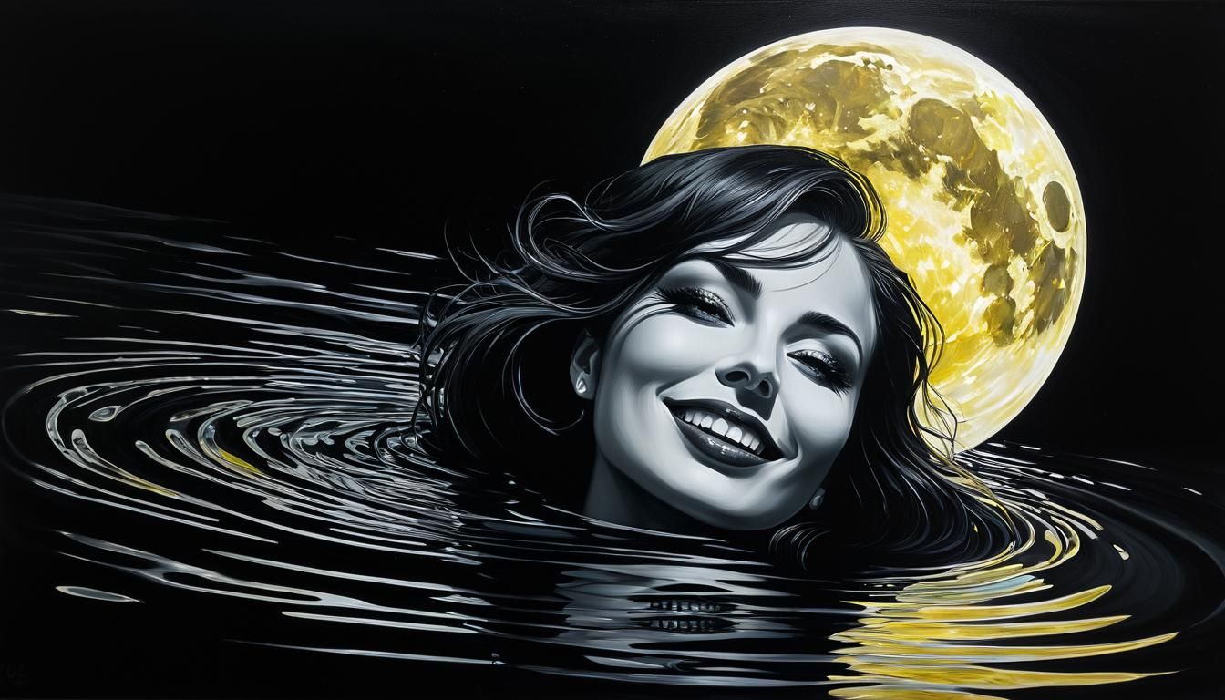 Surreal Woman's Face Reflected in Moonlit Pond