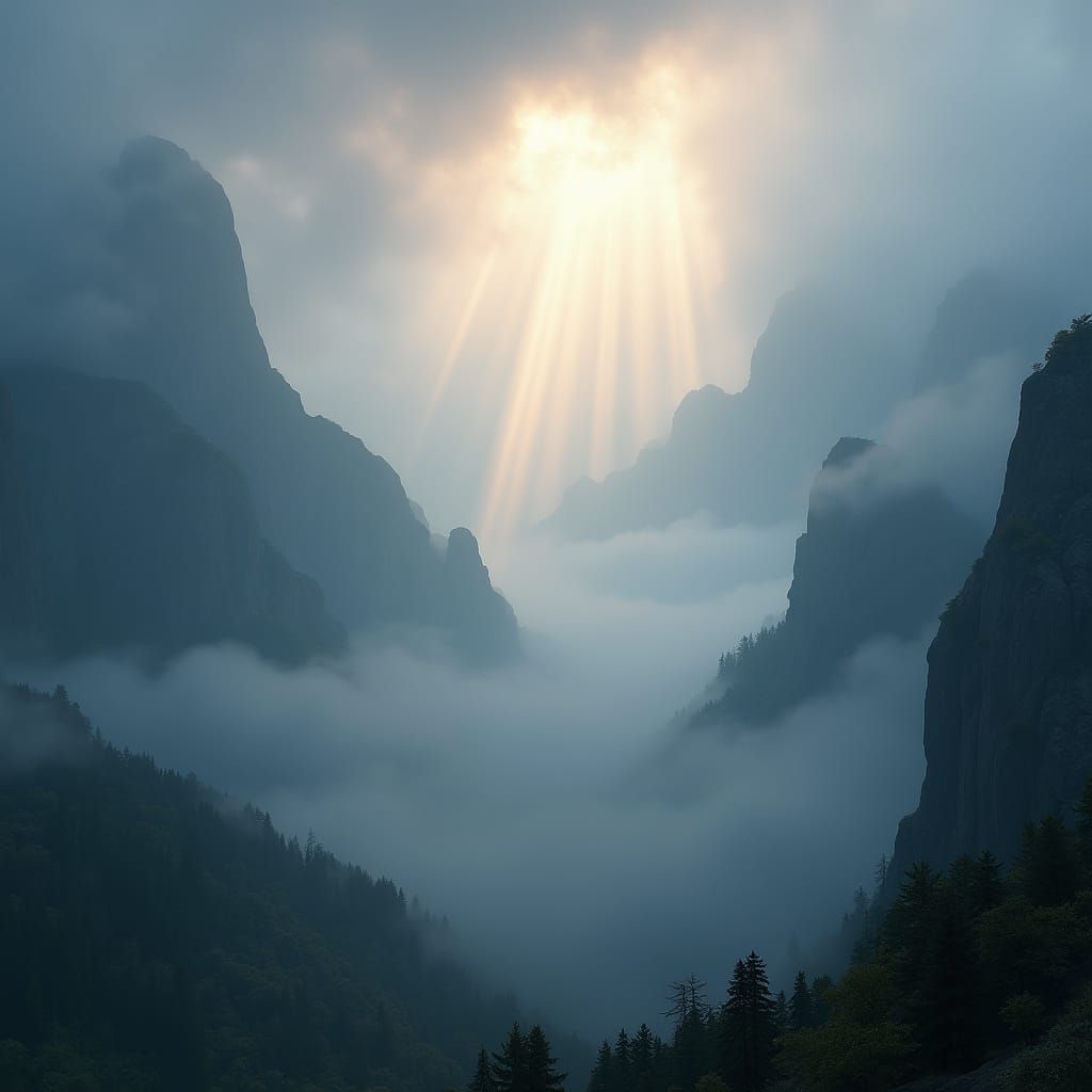 Sunlit Mountain Valley in Mystical Landscape