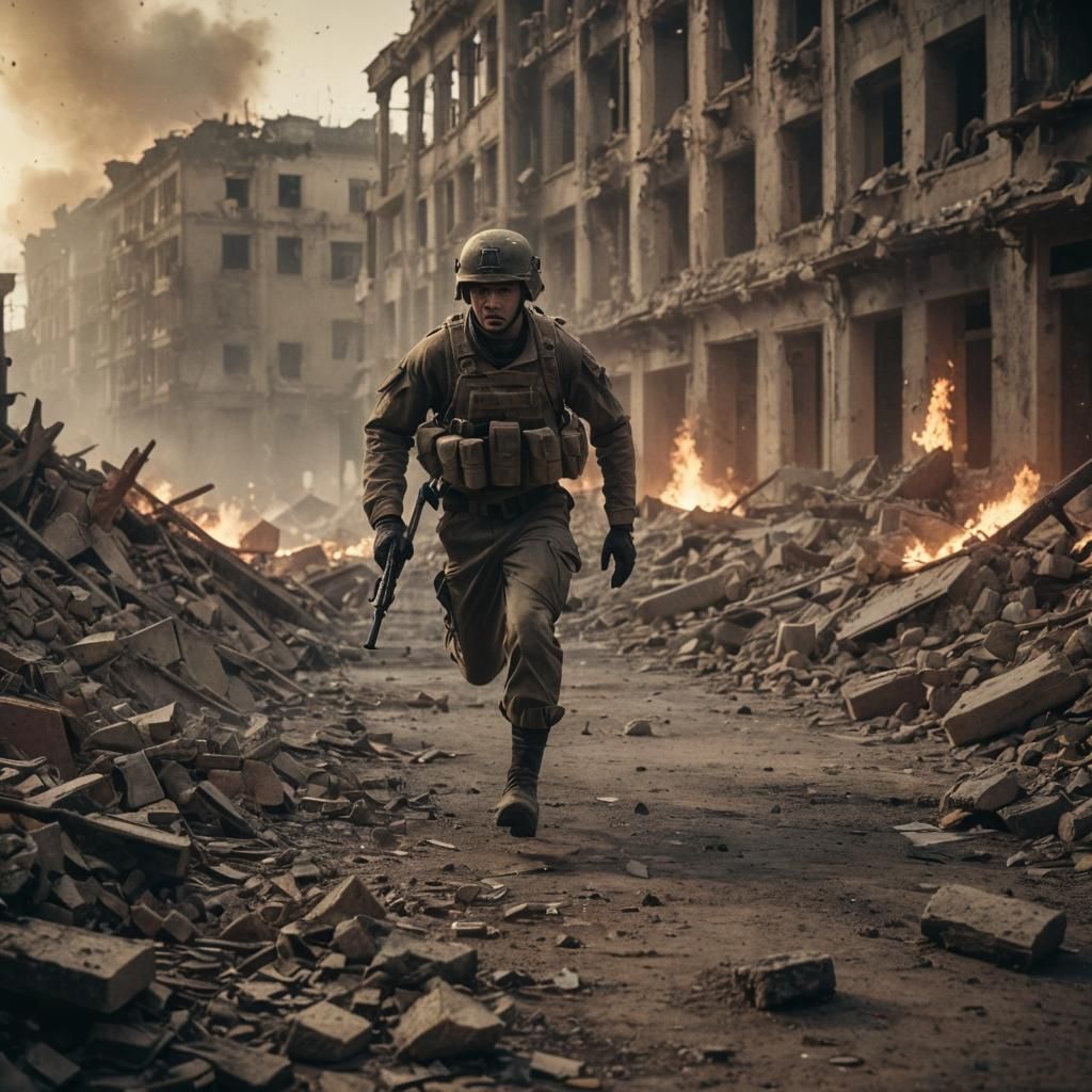 War-Torn City: Soldier Running from Explosions